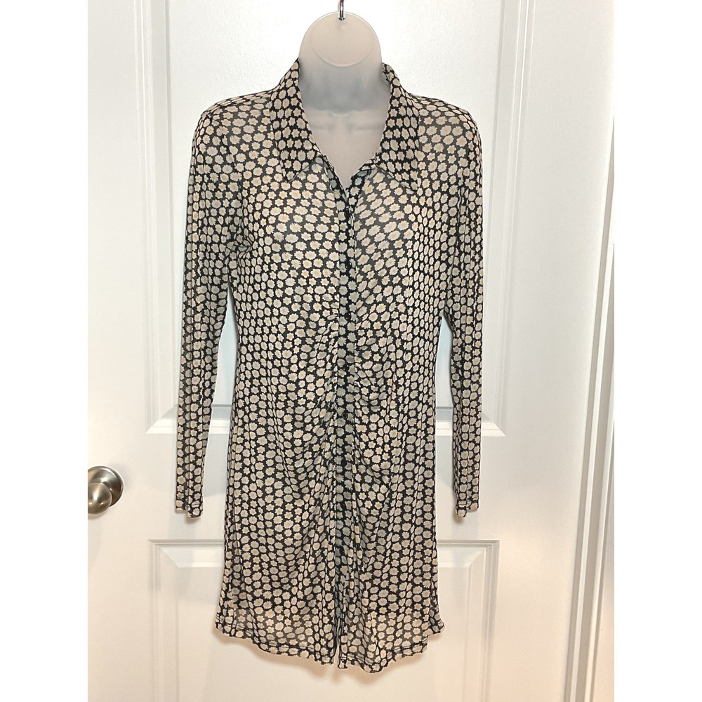 Wild Fable Women's Black Daisy Print Mesh Long Sleeve Shirt Dress Small Mini